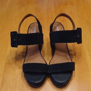 Geox Respira Black Suede And Braided Block Heel Slingback Sandals Size 7.5/8.